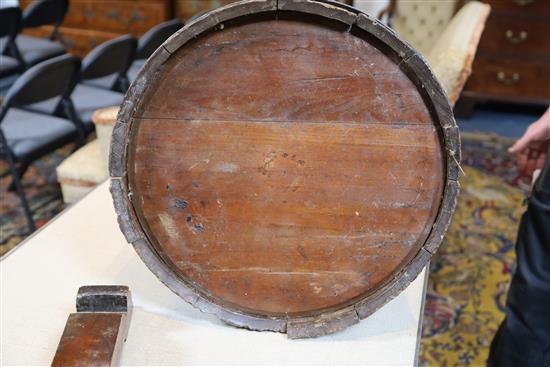 An early 19th century brass bound staved oak salt beef barrel, Overall Diam. 2ft 1in. H.2ft 5in.